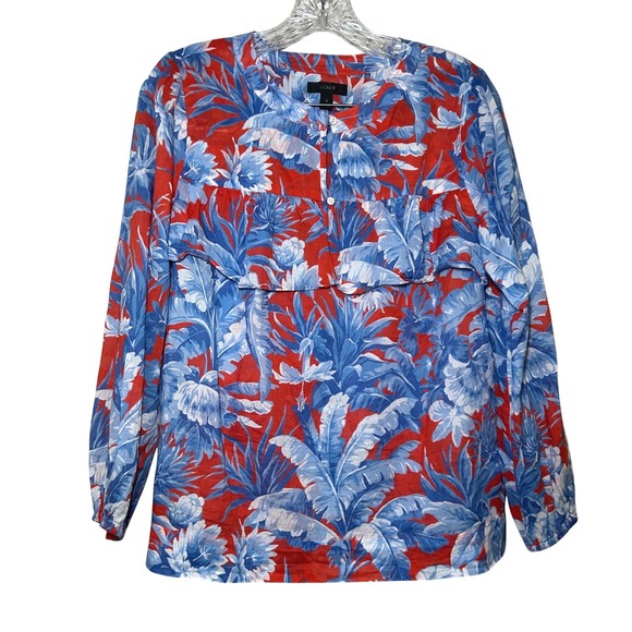 J.Crew Tops - J.Crew Tropical Palm Floral Ruffle Top Red Blue Cotton Blouse Womens S Vacation